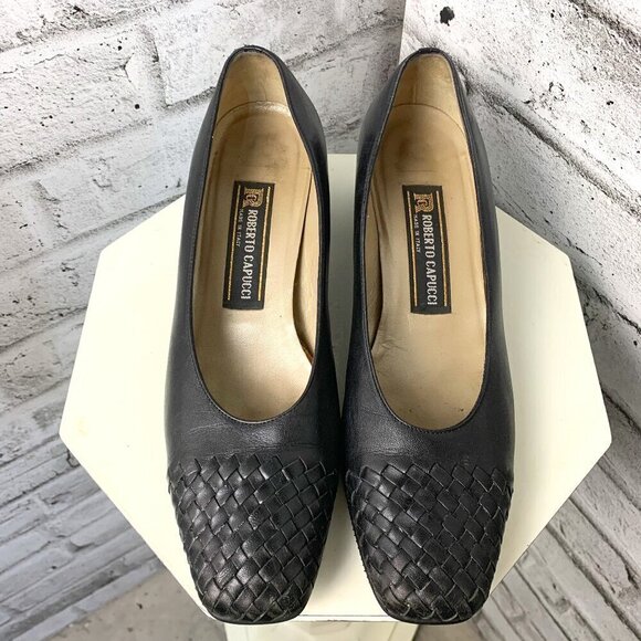 Vintage Roberto Capucci Braided Black Leather Low Block Heel Narrow AA Shoes - Picture 1 of 10